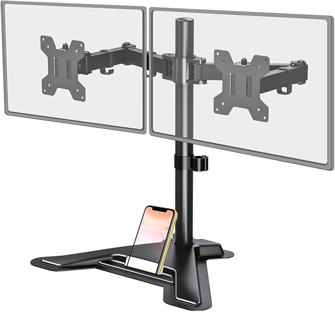 Dual Monitor Stand, Free-Standing Full Motion Monitor Desk Mount Fits 2 Screens up to 27 inches,17.6lbs with Height Adjustable, Swivel, Tilt, Rotation, VESA 75x75 100x100, Black