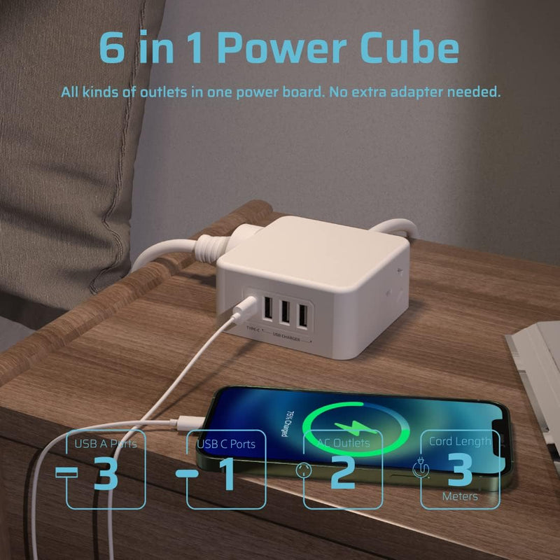 Power Board Surge Protection SAA Certified,2 AC Outlets,4 USB Ports (3 USB-A, 1 USB-C)3 Meter Extension Cord Power Strip