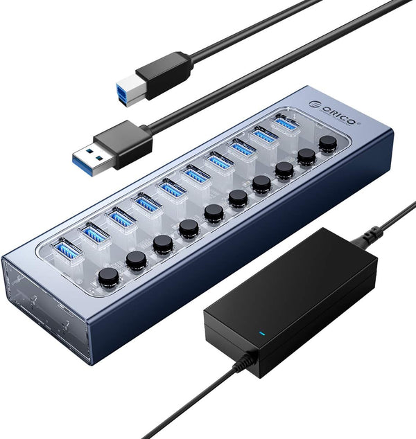 ORICO USB Hub 3.0 Powered 10 Ports USB Data Hub with 12V4A Power Adapter, Individual Power Switches