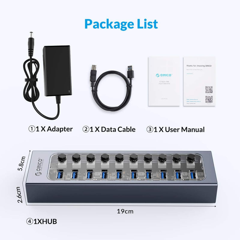 ORICO USB Hub 3.0 Powered 10 Ports USB Data Hub with 12V4A Power Adapter, Individual Power Switches