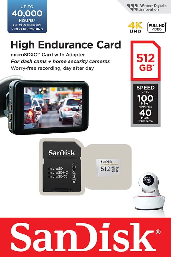 SanDisk 512GB High Endurance Video 4K UHD microSDXC Card with Adapter for Dash Cam and Home Monitoring Systems