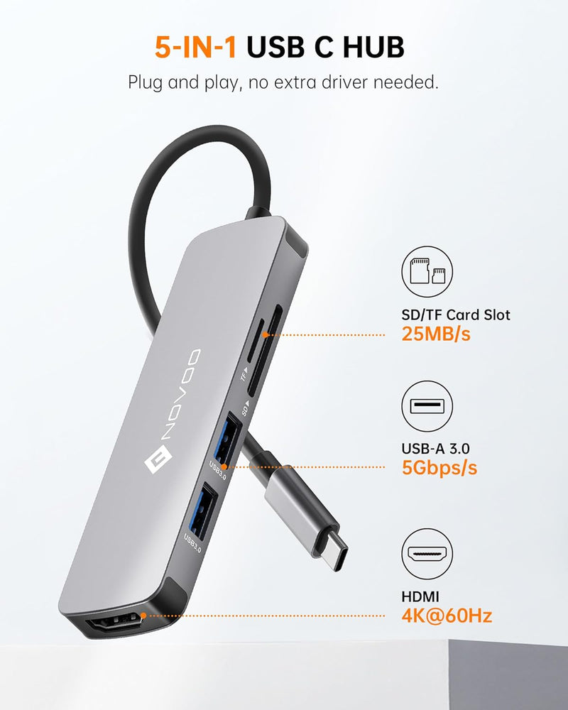 NOVOO 5-in-1 USB C Hub with 4K HDMI, 2 X USB 3.0, SD Card & Micro SD Card