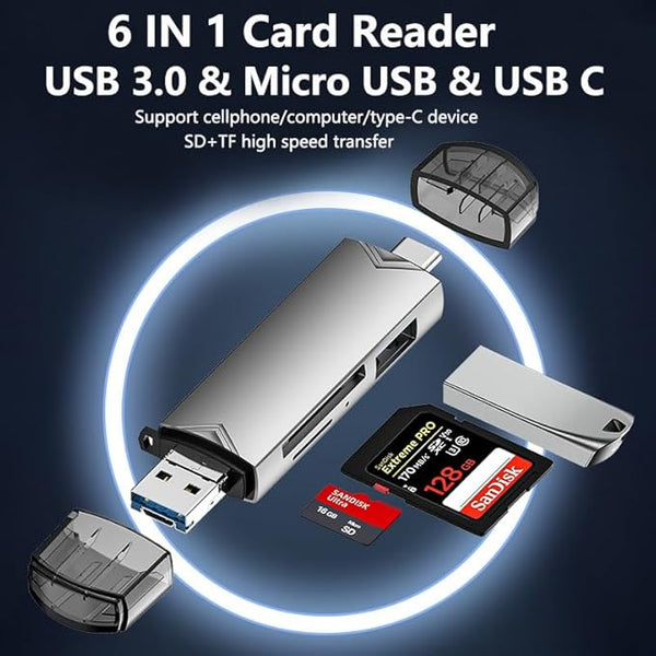 6-in-1 Multifunctional Card Reader, USB C & USB 3.0 Dual Slot, SD/TF/SDXC/SDHC/Micro SD Adapter