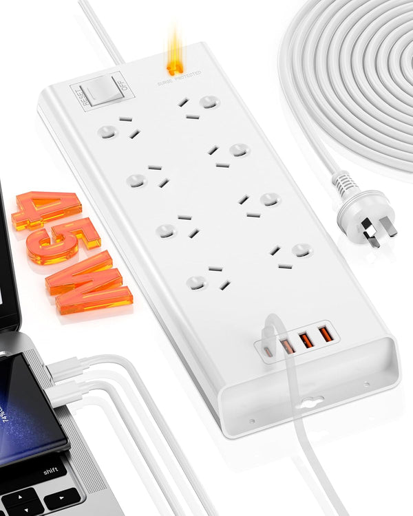 8 AC outlets and 1X USB C + 3X Port USB A high-speed charging ports 45W Surge Protector Powerboard