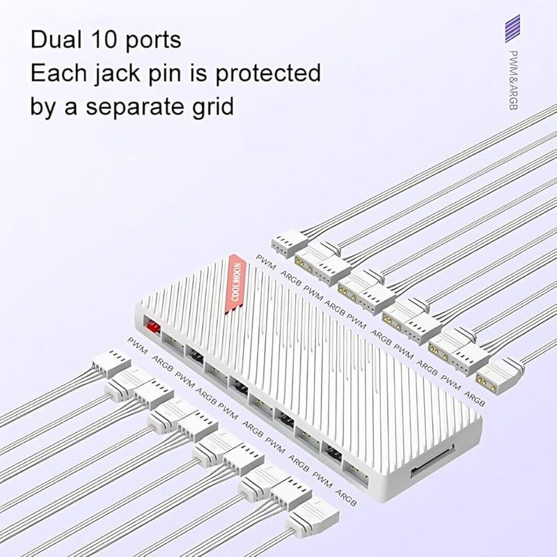 Coolmoon AM10 ARGB PWM Dual 10 Ports Control Splitter Case Fan (White)