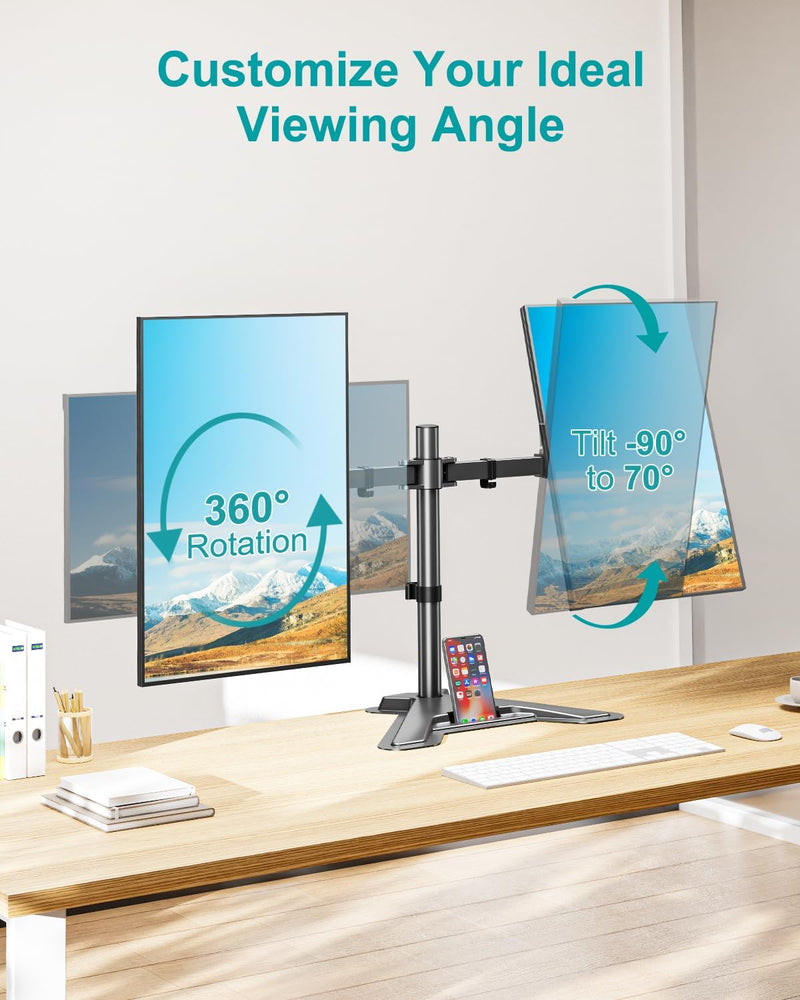 Dual Monitor Stand, Free-Standing Full Motion Monitor Desk Mount Fits 2 Screens up to 27 inches,17.6lbs with Height Adjustable, Swivel, Tilt, Rotation, VESA 75x75 100x100, Black