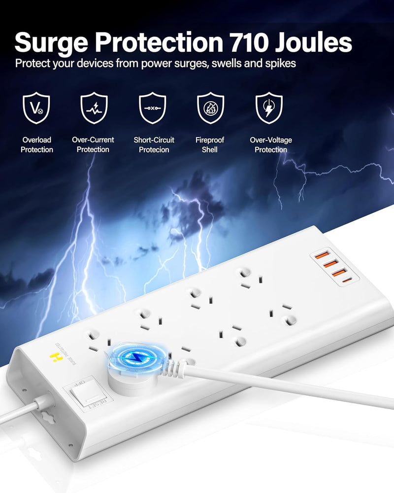 8 AC outlets and 1X USB C + 3X Port USB A high-speed charging ports 45W Surge Protector Powerboard