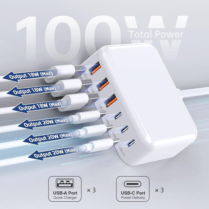 100W Charging station 3 x USB A, 3 x USB C