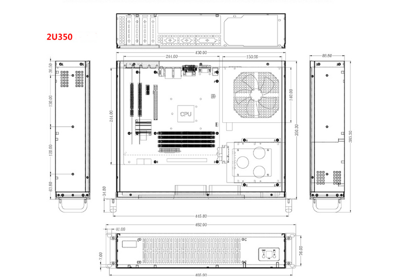 Rack Mountable Server Chassis 2U 350mm Depth, 4x Low Profile PCIE Slots, ATX PSU, MATX MB,Removeable front Mesh pannel