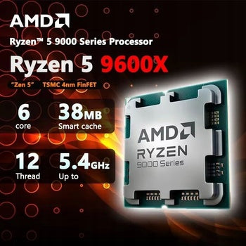 AMD Ryzen 5 9600X 6Cores/12Threads, 65 watts, Max Boost Clock 5.4 GHz, PCIE 5.0