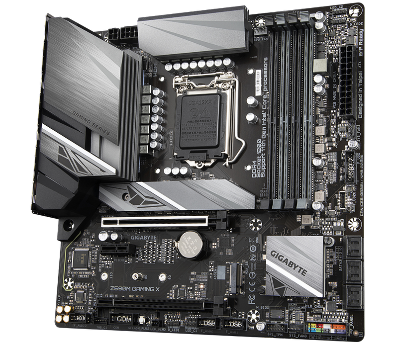 Gigabyte Z590M Gaming X Intel Micro ATX Motherboard, 4x DDR4 ~128GB, 2x PCI-E x16, 1x PCI-E x1, 2x M.2, 6x SATAIII, 1x USB-C. 5x USB 3.2