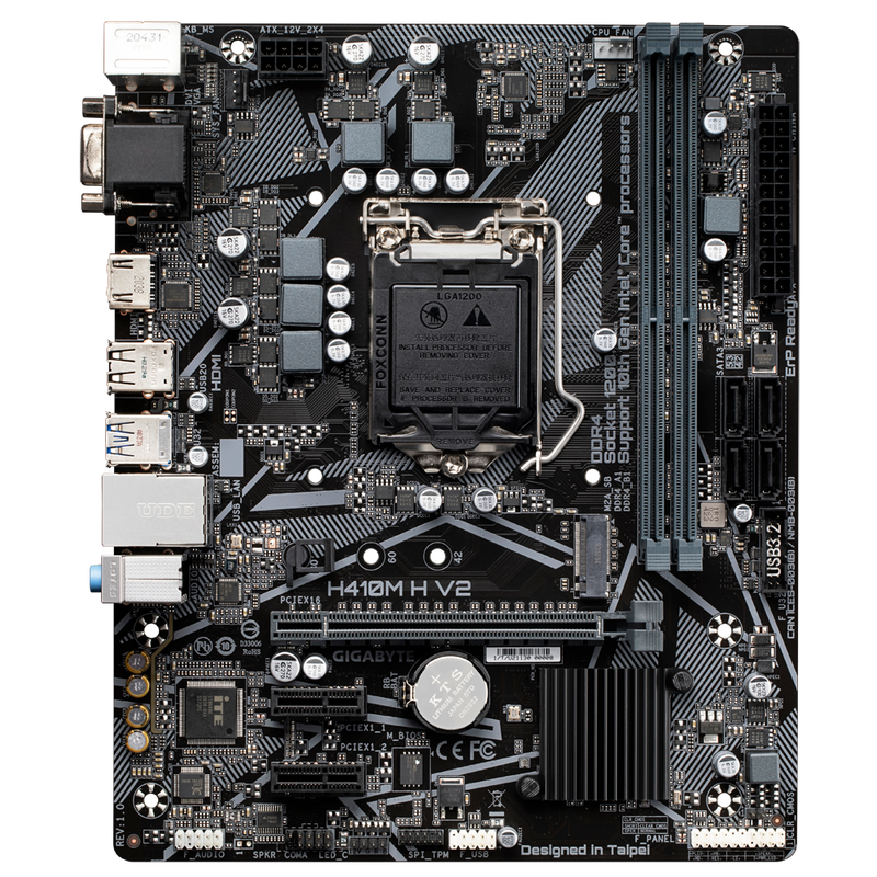 Gigabyte H410M H V2 Micro ATX Motherboard, 2x DDR4 ~64GB, 1x PCI-e x16, 2x PCI-e x1, 1x M.2, 4x SATA, RAID 0/1/5/10, 2x USB 3.2, 4x USB 2.0