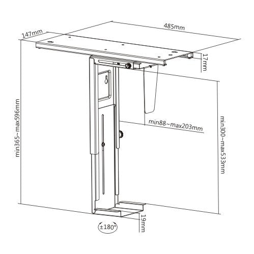 Brateck Adjustable Under-Desk ATX Case Mount with Sliding track, Up to 10kg,360° Swivel