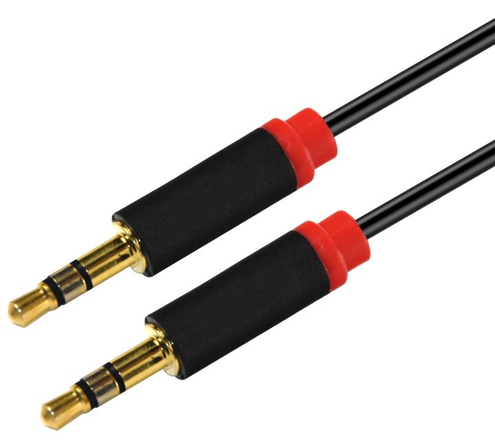 Astrotek 1m Stereo 3.5mm Flat Cable Male to Male Black with Red Mold - Audio Input Extension Auxiliary Car Cord