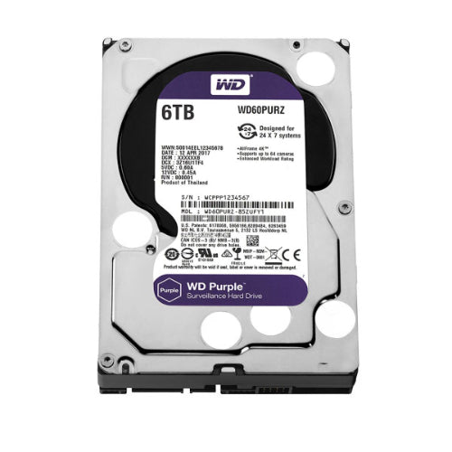 Western Digital WD Purple 6TB 3.5" Surveillance HDD 5640RPM 128MB SATA3 6Gb/s 185MB/s 180TBW 24x7 64 Cameras AV NVR DVR 1.5mil MTBF 3yrs