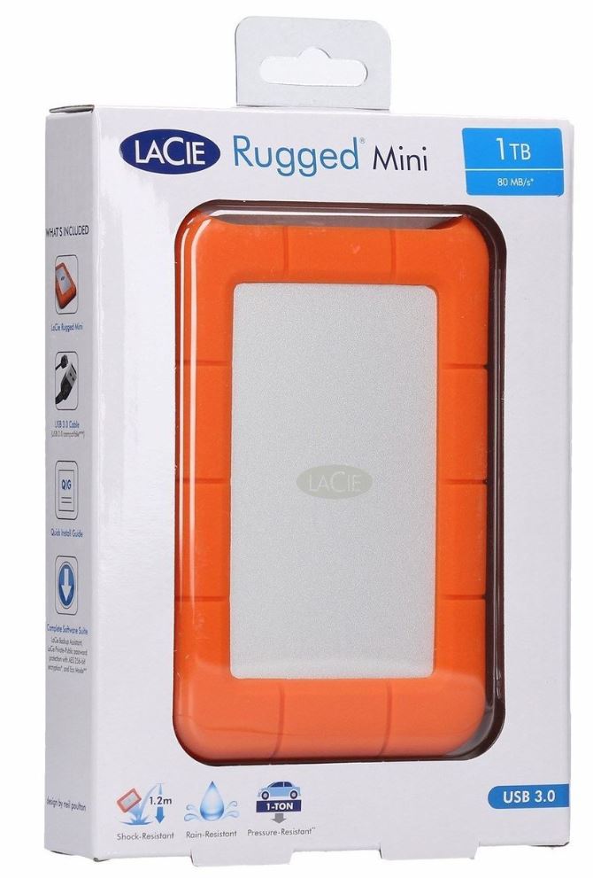 Seagate LaCie 1TB Rugged Mini Portable USB 3.0, USB-C Cable. External HDD LAC301558, 2 Years Warranty