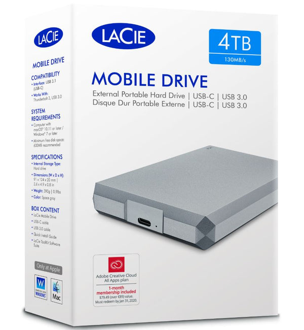 Seagate LaCie 4TB 2.5' USB 3 to USB-C Diamond Cut External HDD. STHG4000400. 2 Years Warranty