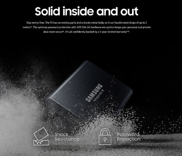 Samsung Portable SSD T5, 1TB, USB3.1 (Gen2) Type-C, Up to 10Gbps, Shock Resistant, 3 Years Warranty