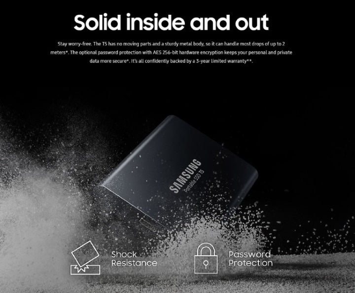 Samsung Portable SSD T5, 2TB, USB3.1 (Gen2) Type-C, Up to 10Gbps, Shock Resistant, 3 Years Warranty