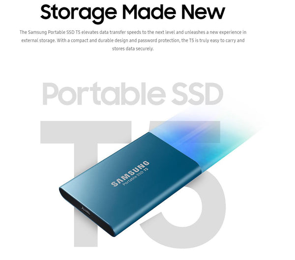 Samsung Portable SSD T5, 500GB, USB3.1 (Gen2) Type-C, Up to 10Gbps, Shock Resistant, 3 Years Warranty