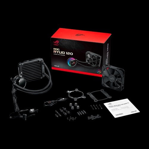 ASUS ROG RYUO 120 all-in-one liquid CPU cooler with color OLED, Aura Sync RGB, and ROG designed 120mm radiator fan