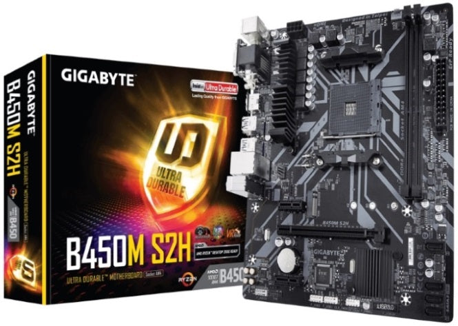 Gigabyte B450M S2H AMD Ryzen Gen3 AM4 mATX Motherboard 2xDDR4 3xPCIE 1xM.2 VGA DVI HDMI RAID GbE LAN 4xSATA 4xUSB3.1 6xUSB2.0 Quad CrossFire RGB Fusio