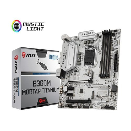 MSI B360M MORTAR TITANIUM mATX Motherboard - S1151 8Gen 4xDDR4 4xPCI-E, 2xM.2, 2xUSB3.1, 4xUSB2.0, 1xDP, 1xDVI, 1xHDMI