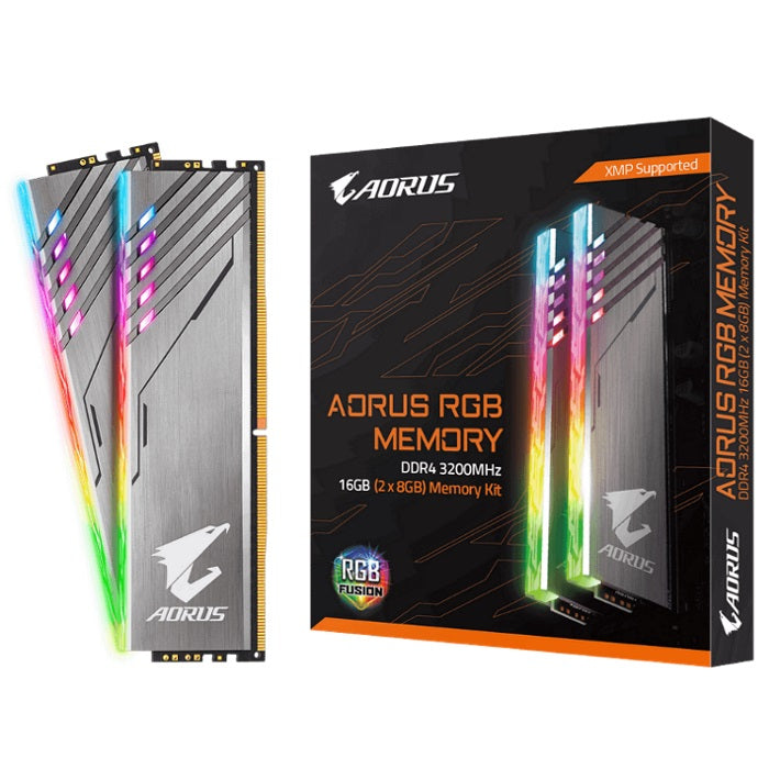 Gigabyte AORUS RGB Gaming Memory 16GB (2x8GB) DDR4 3200MHz C16 1.35V 16-18-18-38 XMP Dual Channel Aluminum Heatsinkt Custom Light GP-AR32C16S8K2SU416R