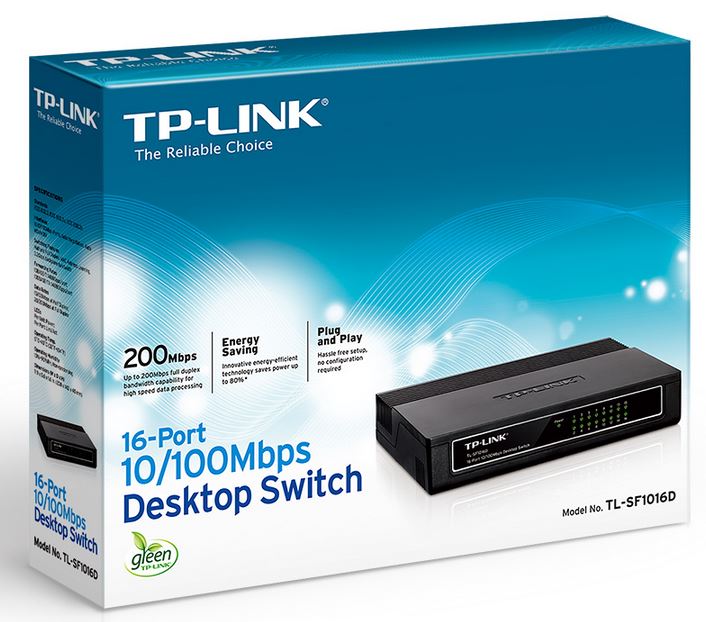 TP-Link TL-SF1016D 16-Port 10/100Mbps Desktop Switch or wall-mounting design Plug and play 3.2Gbps Switching Capacity Auto-MDI/MDIX Supports MAC