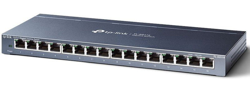 TP-Link TL-SG116 16-Port Gigabit Unmanaged Desktop/Wall Mounting Switch 32Gbps Capacity 23.81Mpps 8K MAC 4.1Mb Buffer Fanless