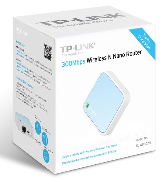 TP-Link TL-WR802N N300 Wireless N Nano Router 2.4GHz 300Mbps 1x100Mbps LAN/WAN 1xMicro USB 802.11bgn Built-in Antenna Pocket Size Travel Router