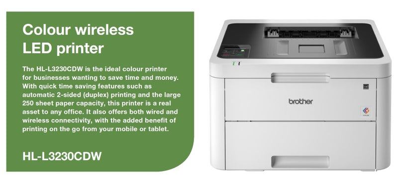 Brother HL-L3230CDW Colour LED Laser Printer with automatic 2-sided printing and wireless connectivity. 24ppm Mono and Colour, 250 sheets capacity
