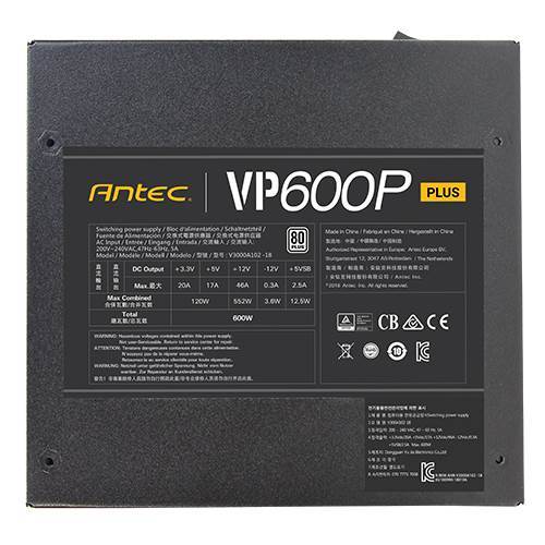 Antec VP600 PLUS 600w PSU. 120mm Silent Fan, PLUS 2019 version. MEPS Compliant. 3 Years Warranty