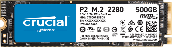 Crucial P2 500GB PCIe NVMe SSD 2300/940 MB/s R/W 150TBW 1.5mil hrs MTTF Acronis True Image Cloning Software 5yrs wty