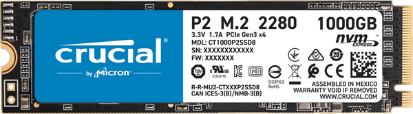 Crucial P2 1TB PCIe NVMe SSD 2400/1800 MB/s R/W 300TBW 1.5mil hrs MTTF Acronis True Image Cloning Software 5yrs wty