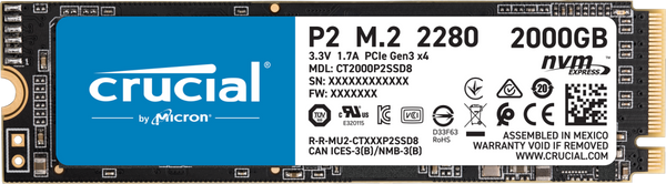Crucial P2 2TB PCIe NVMe SSD 2400/ 1900 MB/s R/W 600TBW 1.5mil hrs MTTF Acronis True Image Cloning Software 5yrs wty