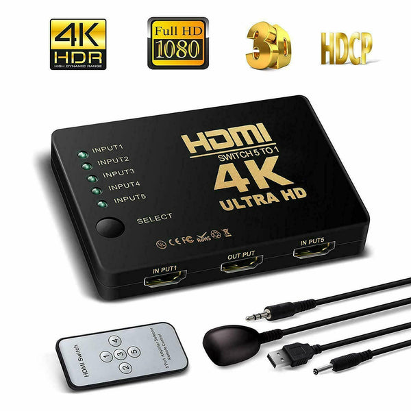 5-Port HDMI Switch, Supports up to 4K @30Hz, with IR Remote control
